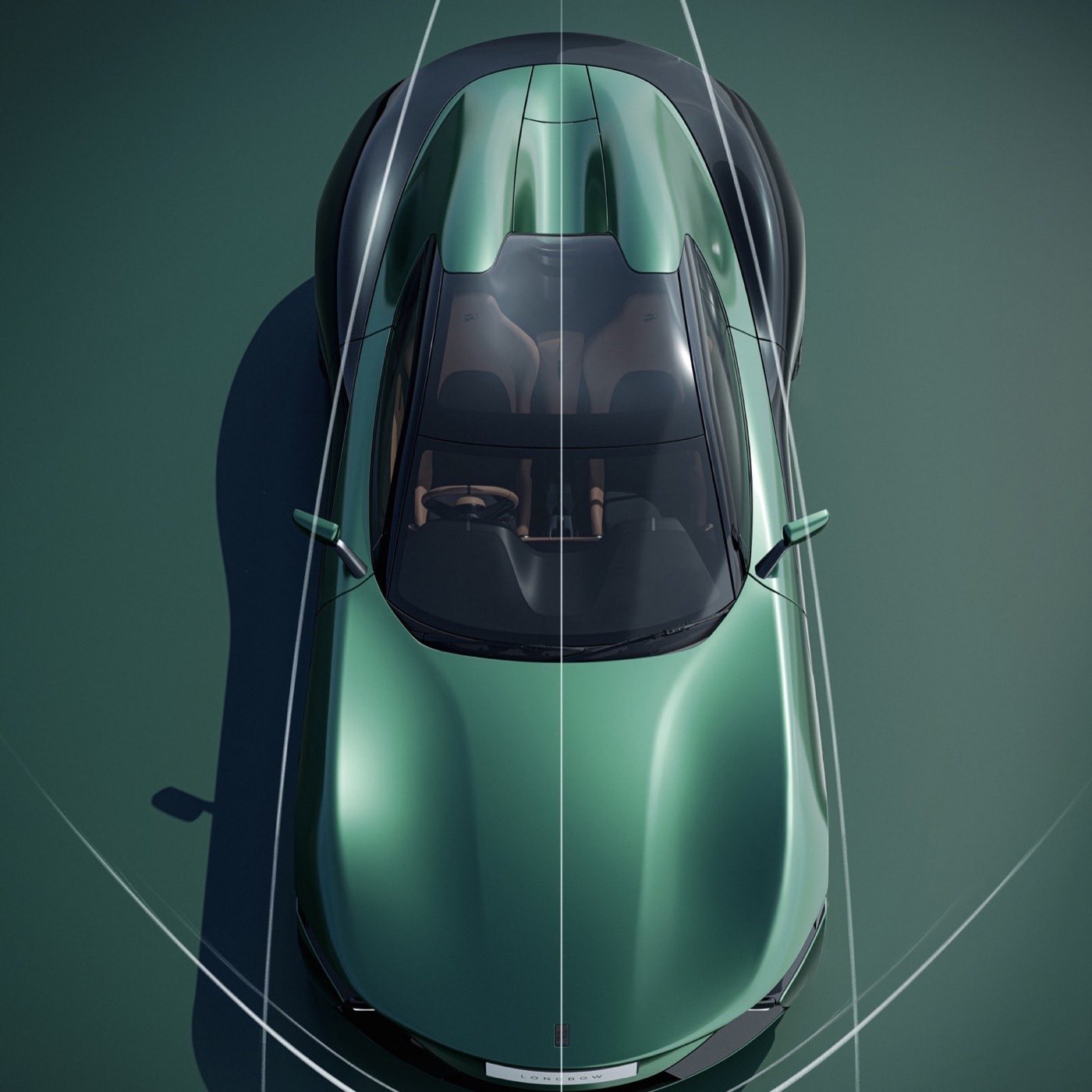 Roadster seen from directly above in metallic green, airflow lines drawn around the body